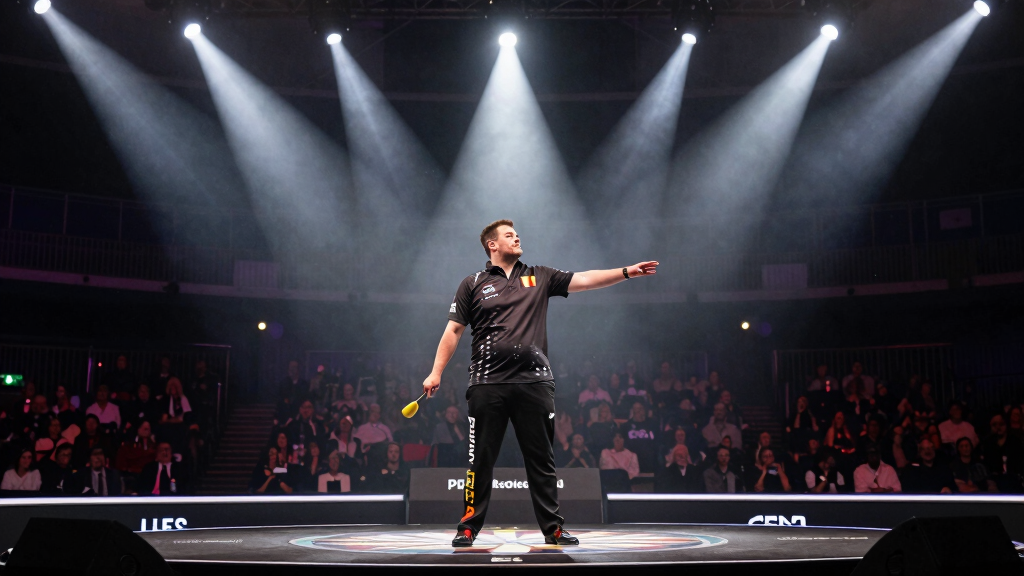 Dimitri Van den Bergh The Dreammaker on stage at a PDC major tournament, dramatic spotlight atmosphere