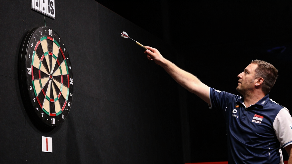 Professional Belgian darts player throwing at dartboard in PDC competition, focused technique