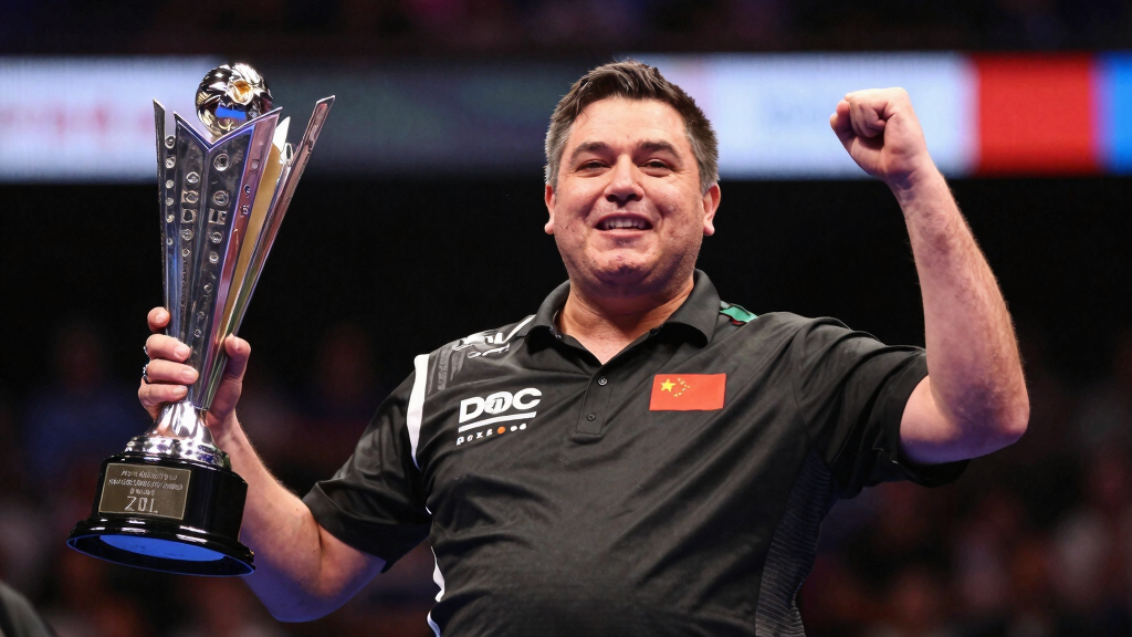 Darts player celebrating tournament victory on PDC stage, trophy in hand, emotional celebration