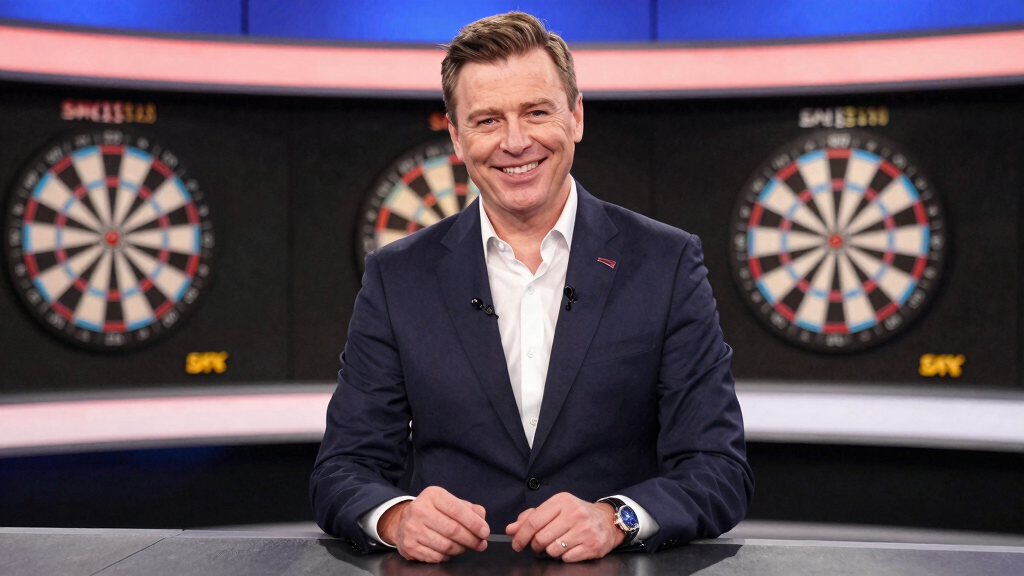 Eric Bristow as Sky Sports darts commentator broadcasting studio