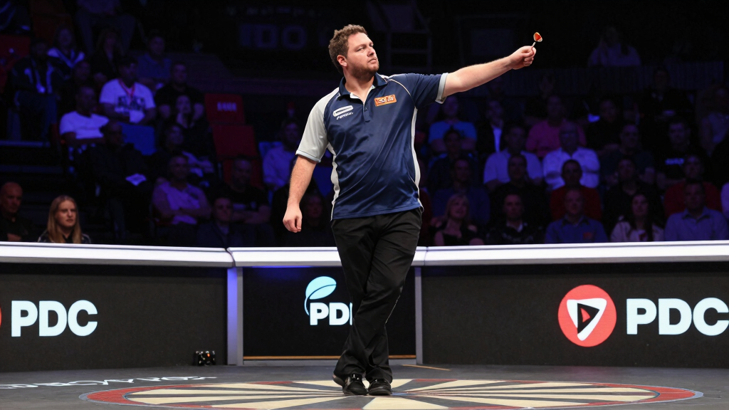 Professional darts player with distinctive throwing stance at PDC tournament, world-class arena