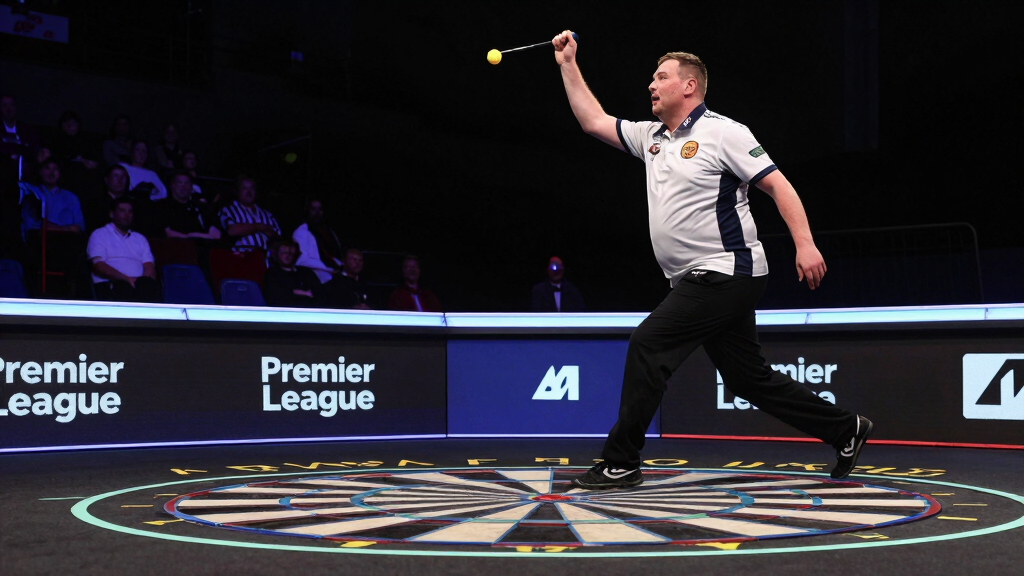 Gary Anderson competing at Premier League Darts event