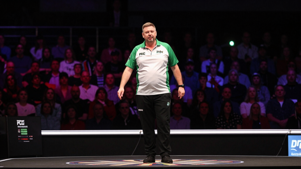 Gary Anderson at Alexandra Palace at the PDC World Darts Championship, dramatic arena lighting