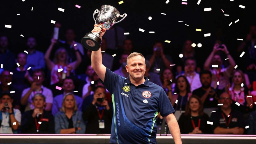 PDC World Darts Champion holding the Sid Waddell Trophy in triumph, confetti celebration