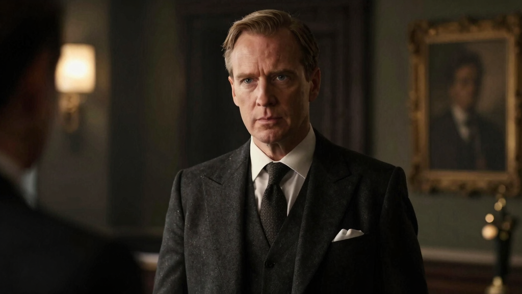 Distinguished British actor in a spy drama scene