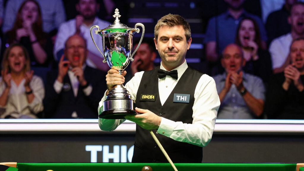 Gary Wilson celebrating with the UK Championship trophy