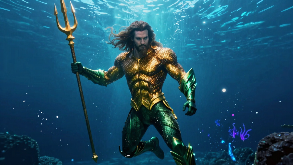 Underwater superhero in gold armour wielding a trident