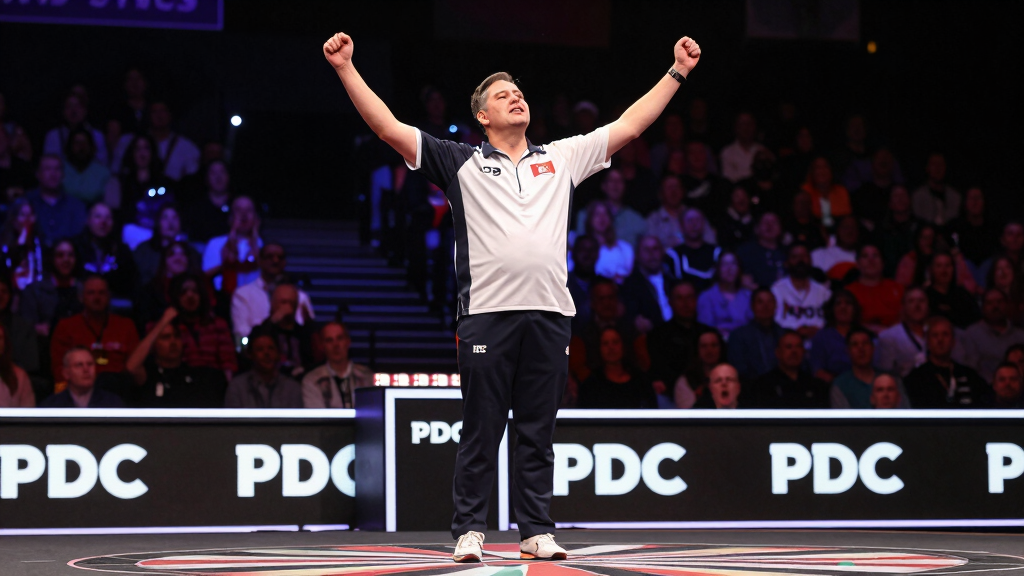 Darts player celebrating championship win on PDC stage