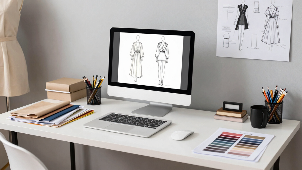 Fashion design studio creative workspace with fabric swatches