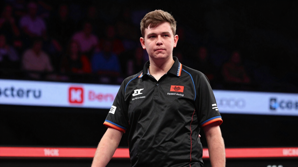 Josh Rock in confident darts pose at a professional arena, sponsor logos visible