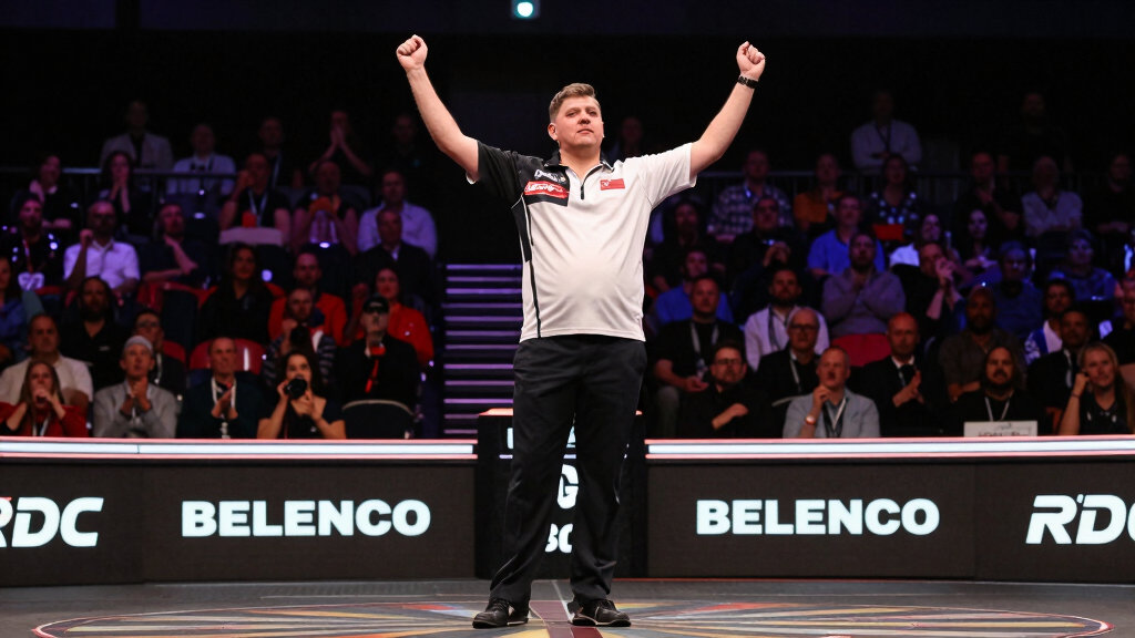 Darts player celebrating a perfect nine-dart finish on stage at a major PDC event