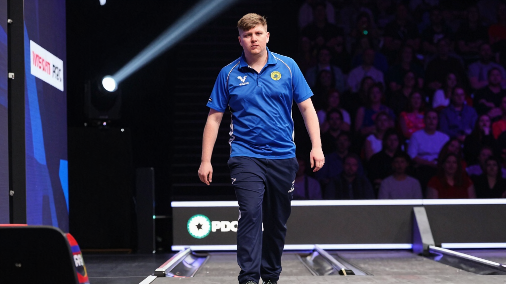 Josh Rock at the oche on a PDC stage, focused and ready to throw