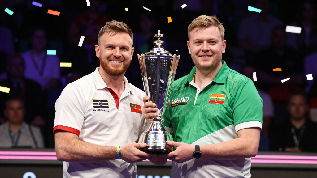 Two Northern Ireland darts players celebrating with the World Cup of Darts trophy, confetti falling
