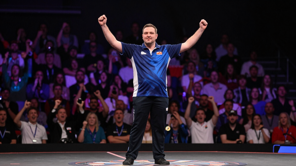 Professional darts player celebrating victory on European championship stage