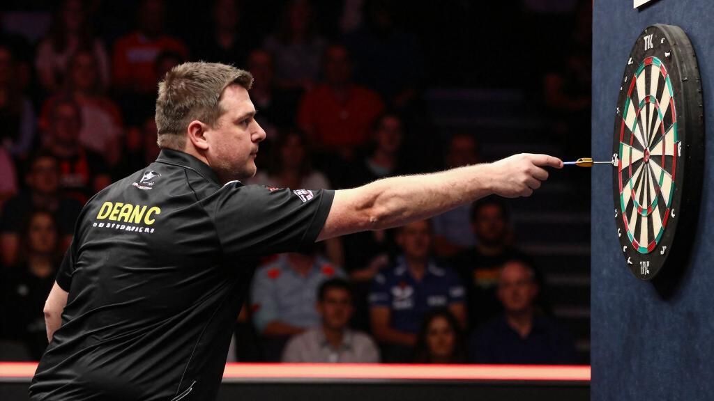 Darts player at the oche aiming dartboard professional PDC competition