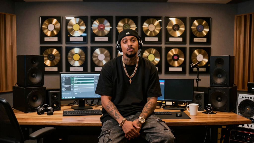 Hip-hop music executive in a recording studio with gold records