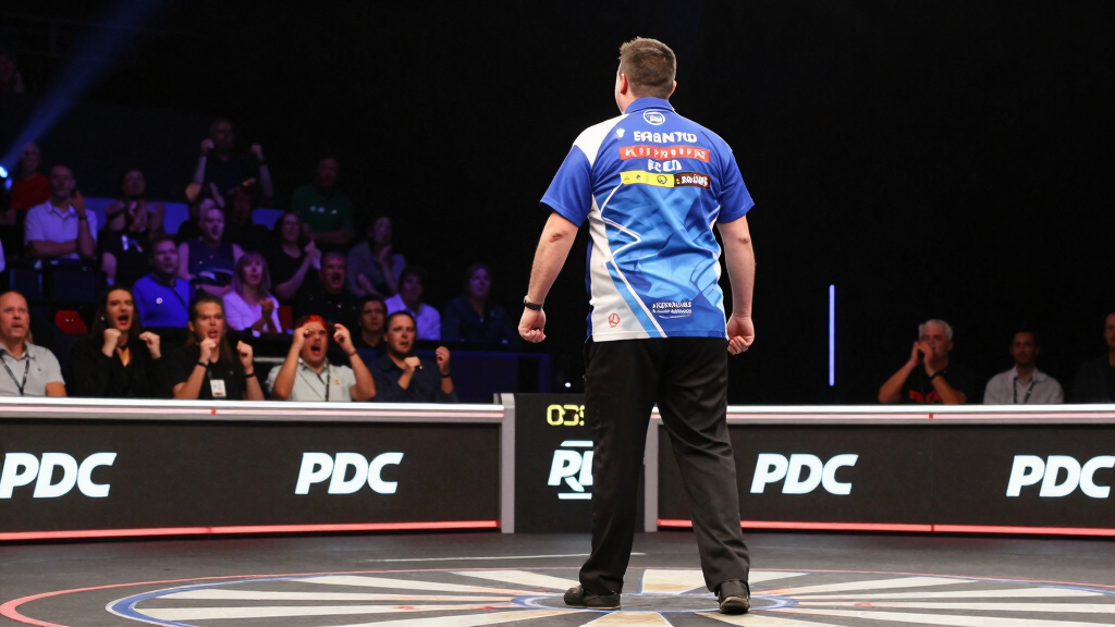 Darts player celebrating a maximum 180 score at a PDC arena event