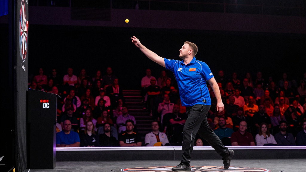 Luke Humphries at the oche competing in a PDC darts tournament