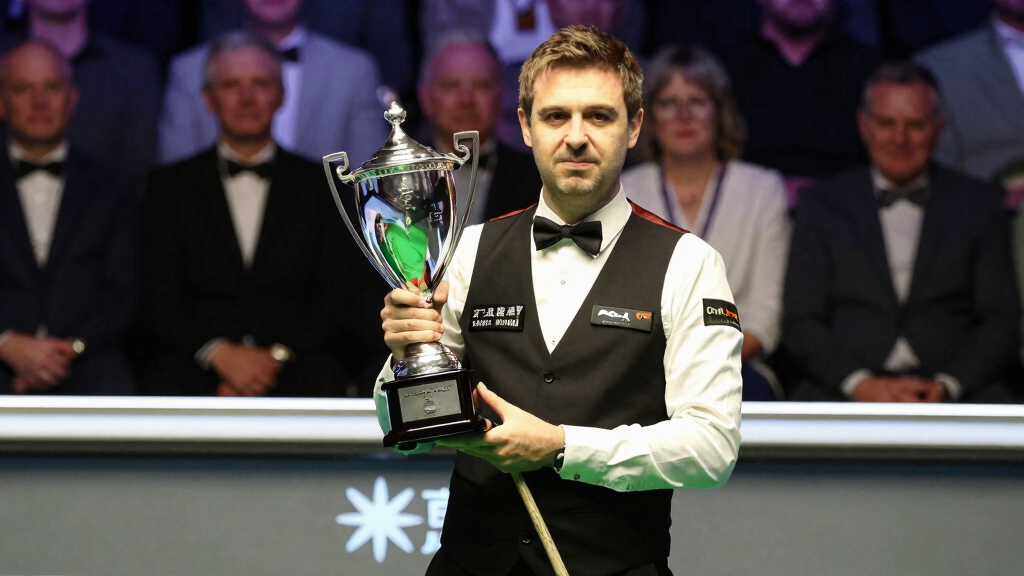 Marco Fu celebrating a snooker tournament victory with trophy