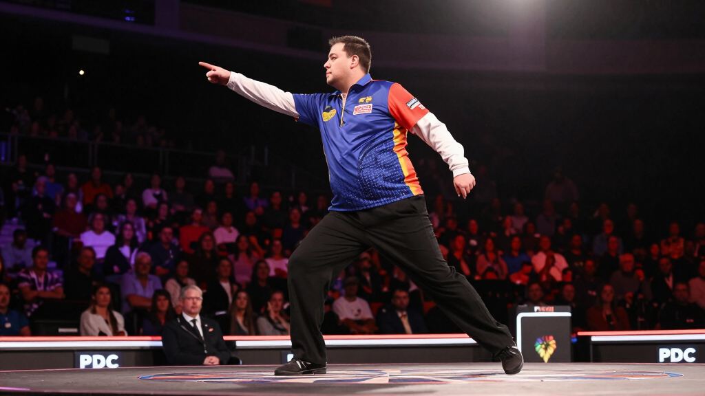 Professional English darts player in bejewelled costume on PDC stage with arena crowd behind