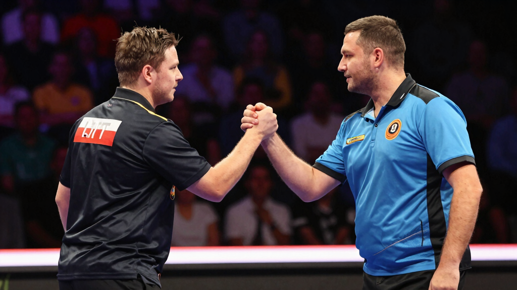 Darts players shaking hands after match at PDC tournament showing sportsmanship