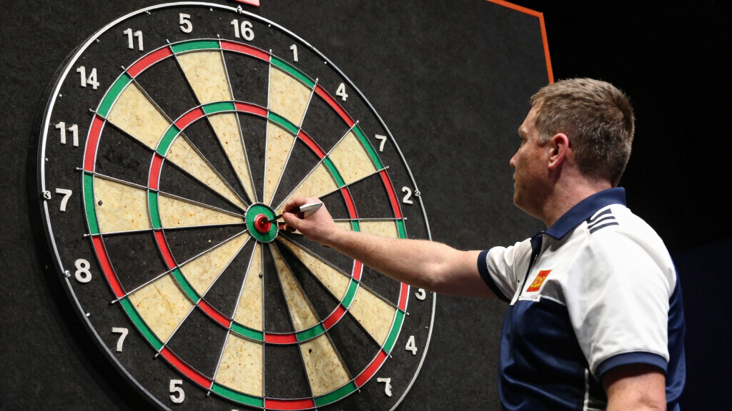 Perfect nine-dart finish being hit at a professional darts tournament