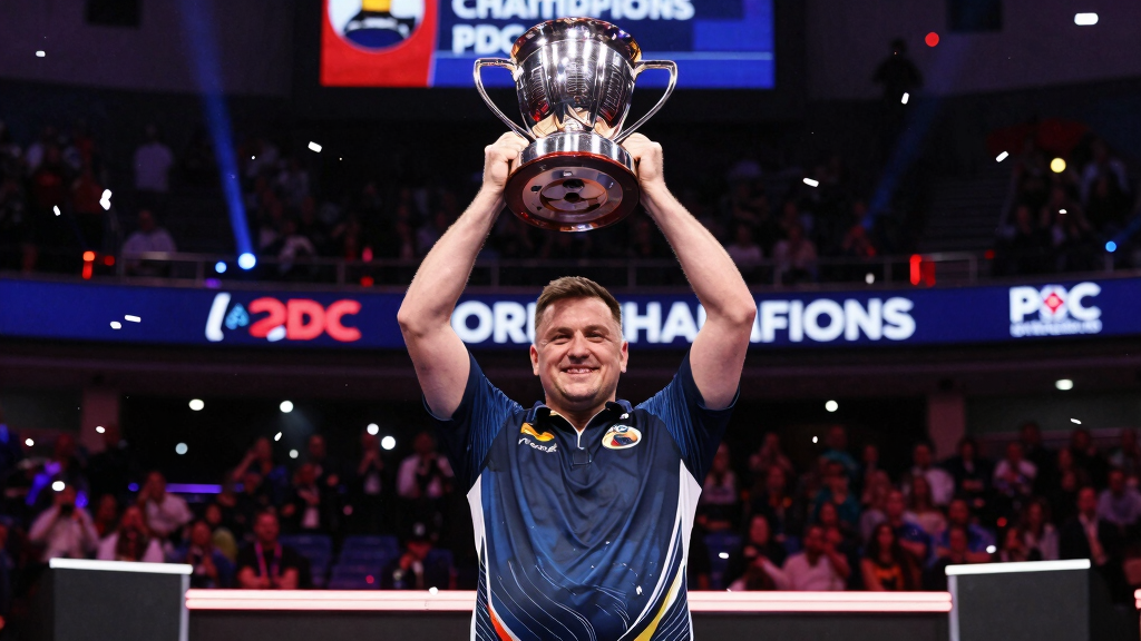 PDC World Championship winner lifting trophy at Alexandra Palace