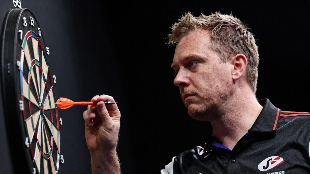 Professional darts player focused on the dartboard with intense concentration