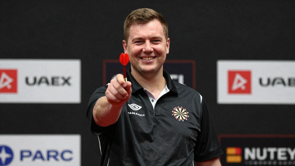 Professional darts player posing with darts, confident in arena setting