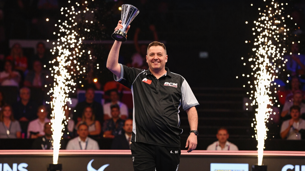 Darts player celebrating victory at a major PDC event, trophy in hand
