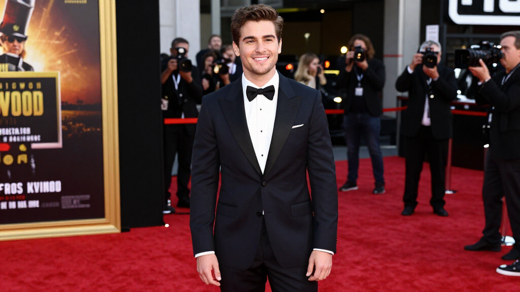 Young Hollywood actor in suit at movie premiere red carpet event
