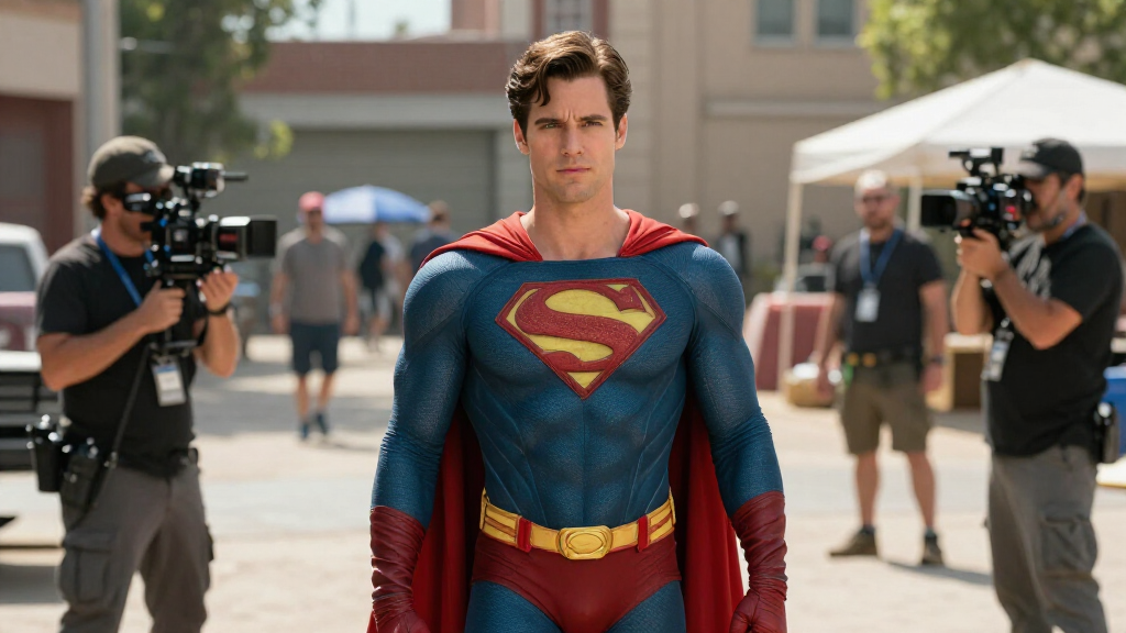 Actor in superhero movie costume on film set with production crew in action movie atmosphere