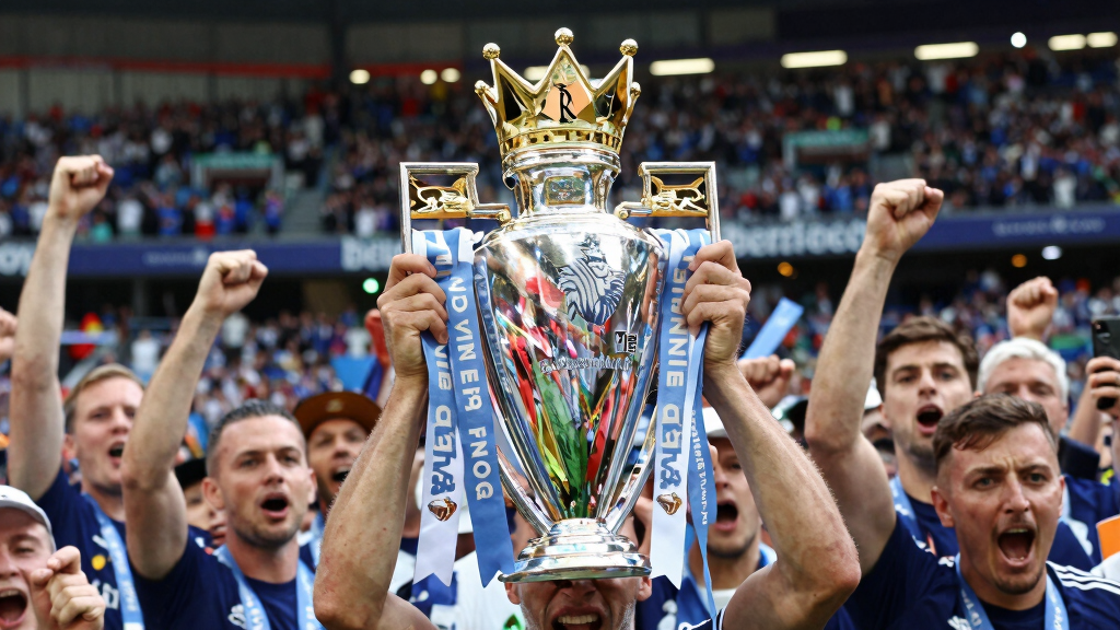 Premier League stadium and trophy