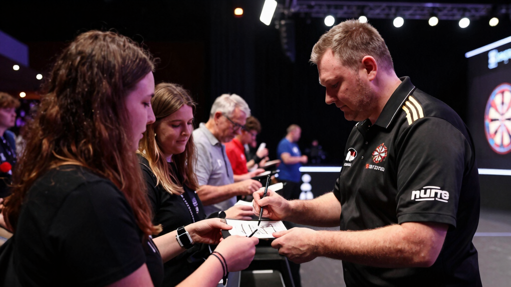 Darts player at Premier League Darts event with arena fans