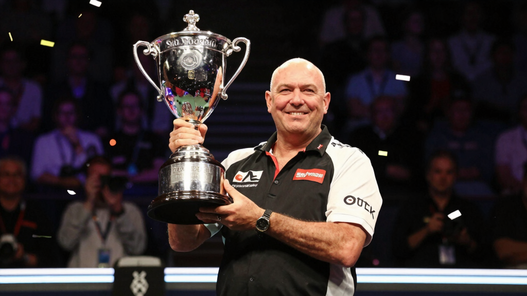 Darts world champion holding trophy at PDC World Championship Alexandra Palace