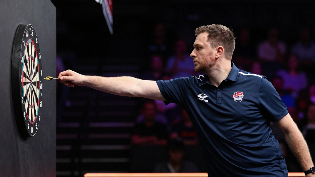 Professional darts player throwing at tungsten dartboard with pinpoint precision, arena atmosphere
