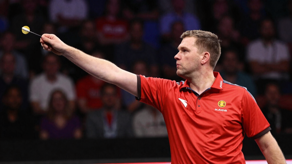 Rob Cross Voltage in red competition shirt at the PDC oche, intense focus