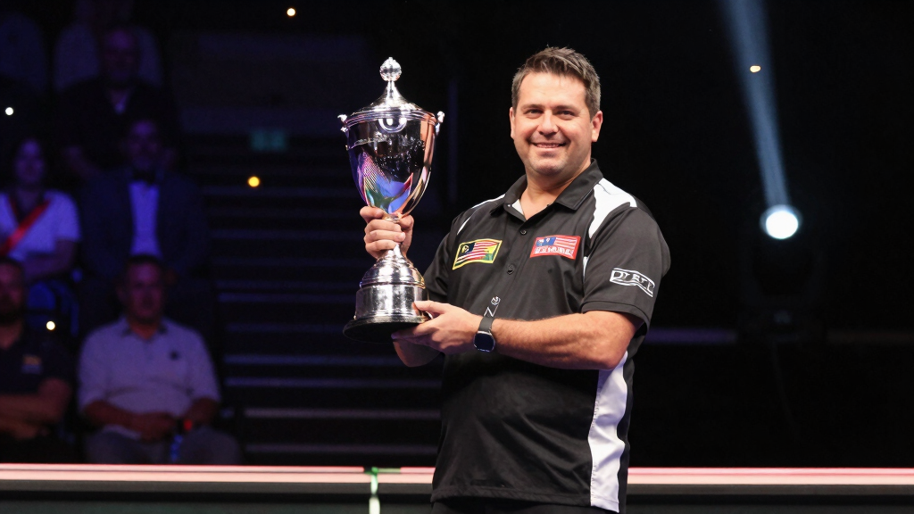 PDC World Champion holding trophy in triumph on stage, confetti celebration