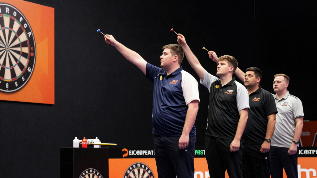Darts player at a European Tour event, focused on the throw