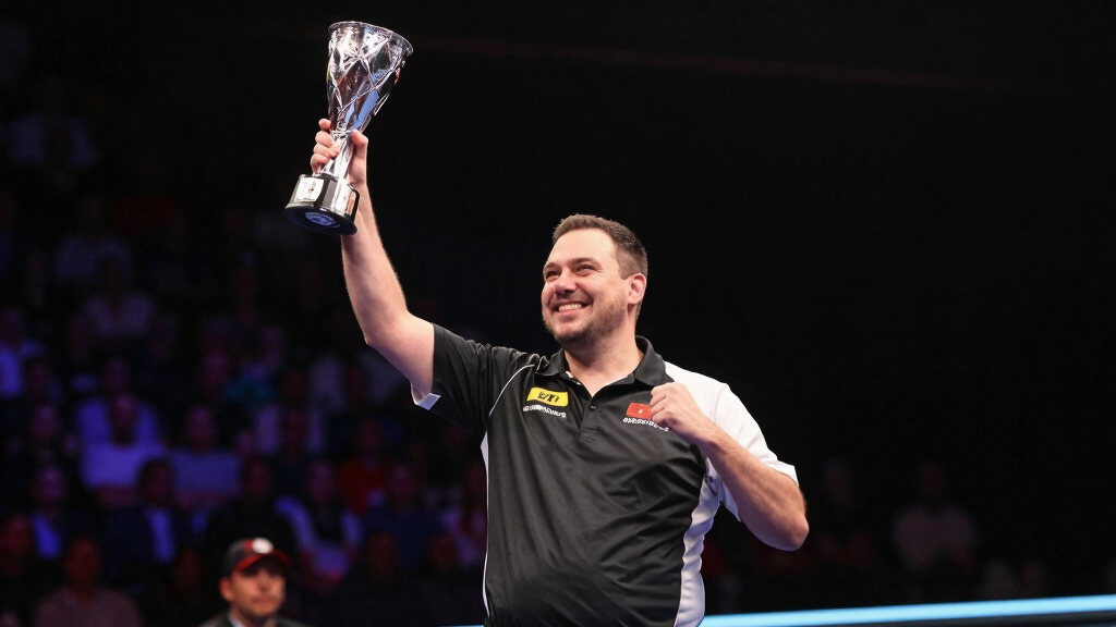Darts player celebrating European Championship victory with trophy on stage
