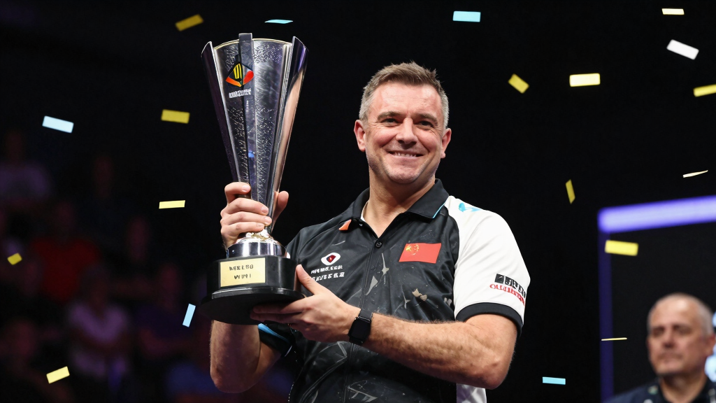 Darts player celebrating European Championship victory with trophy