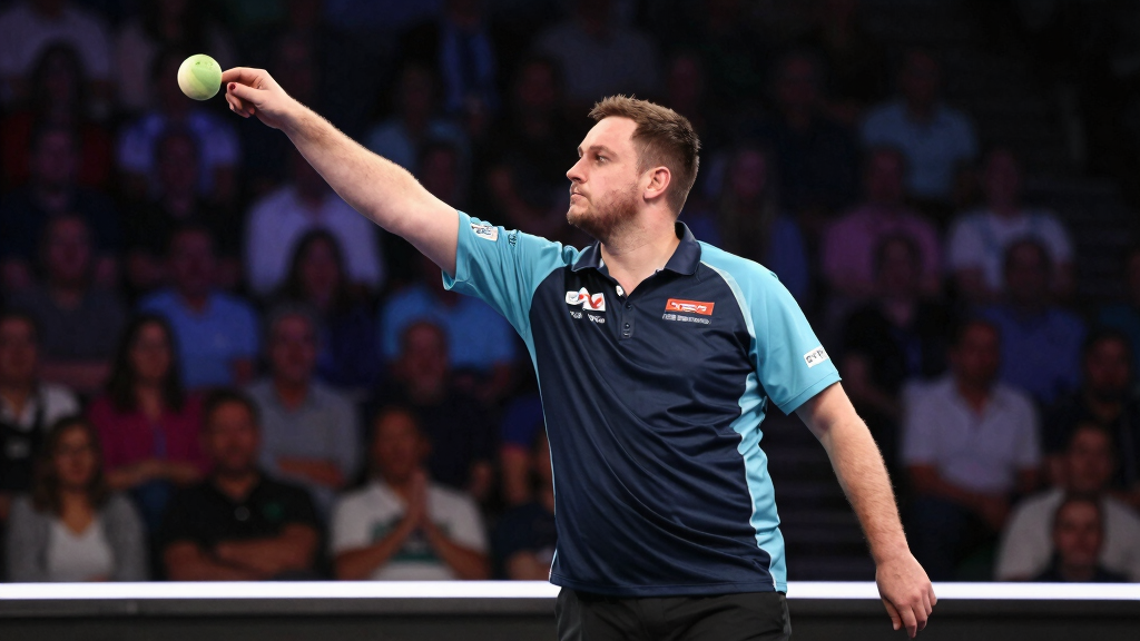 Professional darts player preparing to throw at PDC event