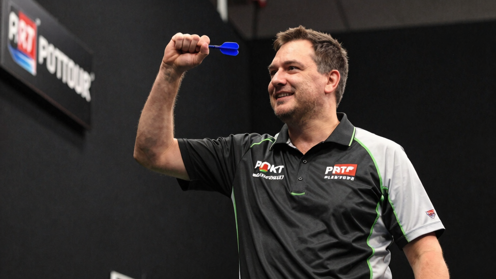 Darts player celebrating Players Championship win at a ProTour indoor event
