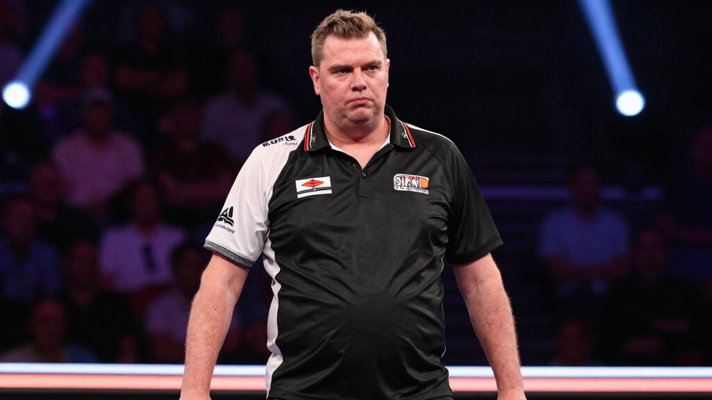 Ryan Searle at the oche at the Grand Slam of Darts, serious focused expression