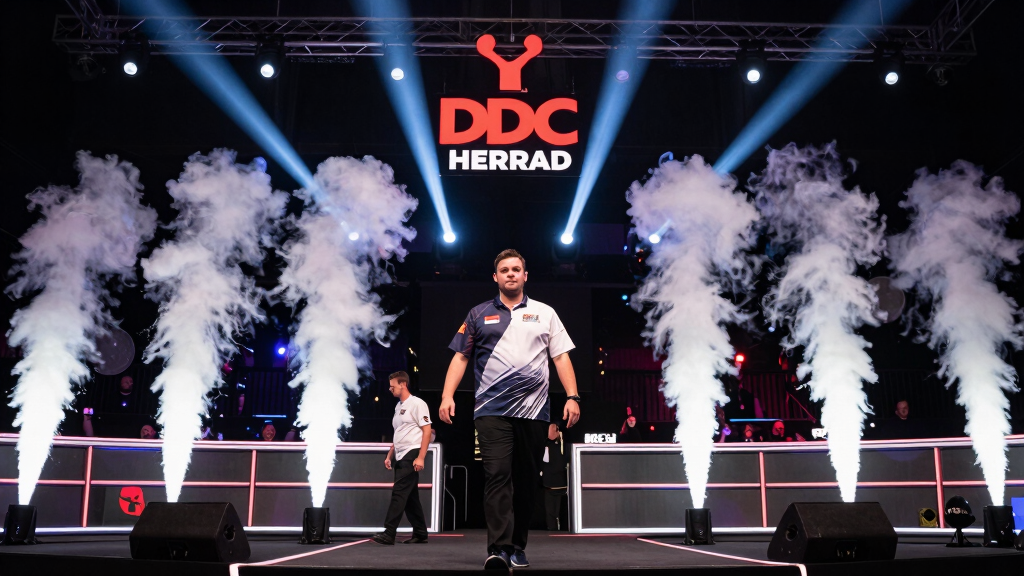 Darts player walking on at the PDC World Championship at Alexandra Palace