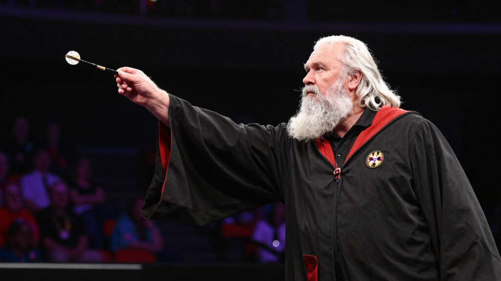 Australian darts player with long white beard in wizard robes preparing to throw at championship