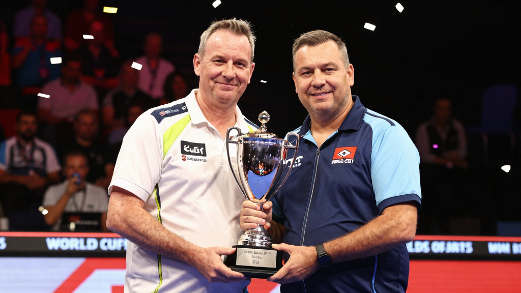 Darts players celebrating World Cup of Darts trophy win with confetti in arena