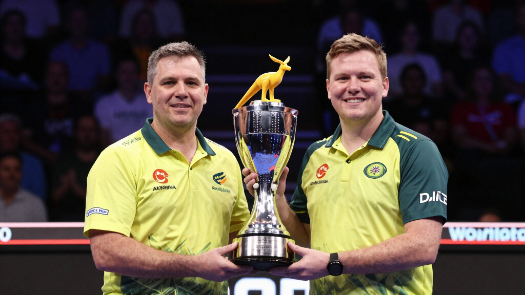 Australia's World Cup of Darts winning team celebrating with trophy
