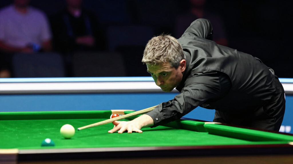 Stephen Maguire studying a crucial shot at a championship snooker match, showcasing the technical precision that made him world number two