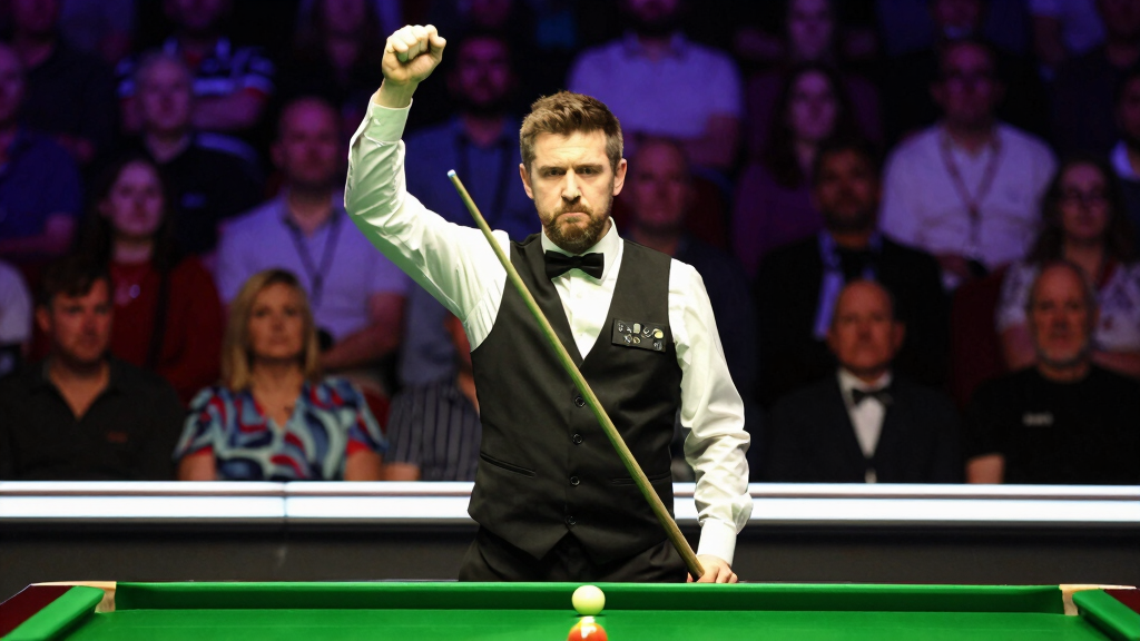 Snooker player celebrating a frame victory at the Crucible Theatre Sheffield, crowd applauding